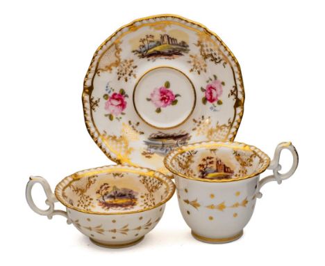 A group of H & R Daniel tea wares: comprising two Shrewsbury shape cups and a saucer decorated with panels of birds and gilt 