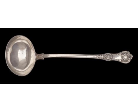 A Victorian Queens pattern silver soup ladle: maker Chawner &amp; Co, London, 1874: double struck with anthemion heel, 34cm. 