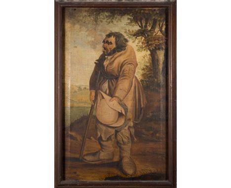 English Provincial School, 18th Century-Portrait of Black John, jester, full-length standing,:-oil on canvas, 103 x 62cm* Not