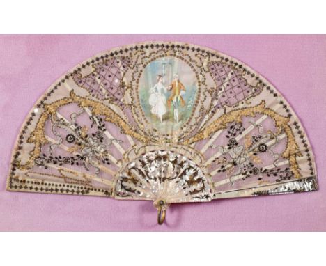 A 19th Century French fan: the gauze leaf with central cartouche painted with a gallant and lady, with applied sequin decorat