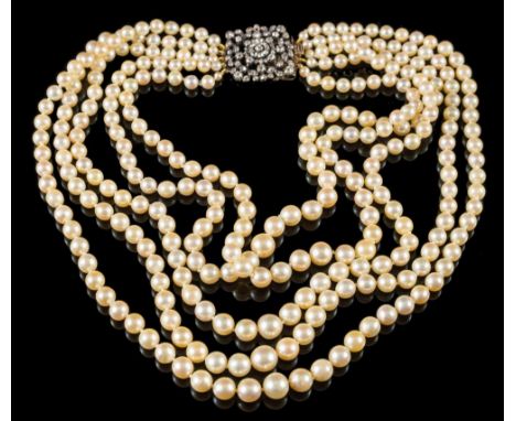 A cultured pearl five-strand necklace on diamond set clasp: the cultured pearls graduated from 3mm diameter to 8mm diameter, 