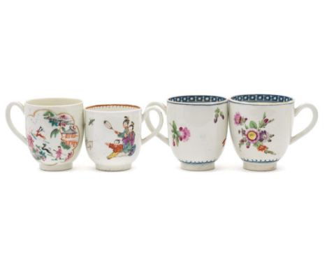 A group of four First Period Worcester coffee cups: one painted in Mandarin style with a variation of the 'Chinese Family' pa