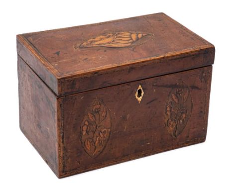 A George III inlaid mahogany two-division inlaid tea caddy: of rectangular outline, the hinged lid with inlaid conch shell me