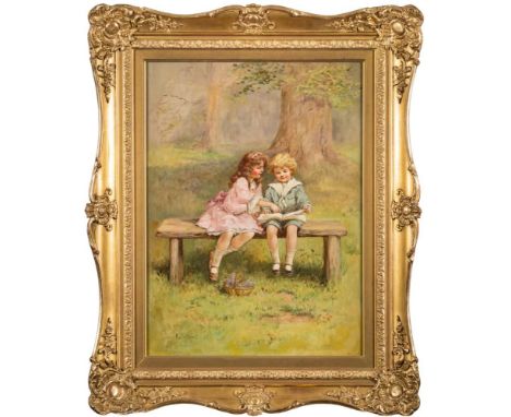 Eva Hollyer [1865-1948]-Storytime; children on a park bench,:-signed bottom leftoil on canvas, 51 x 38cm.
