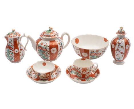 A First Period Worcester 'Scarlet Japan' pattern part service: of fluted form, the covers with flower finials, painted with g
