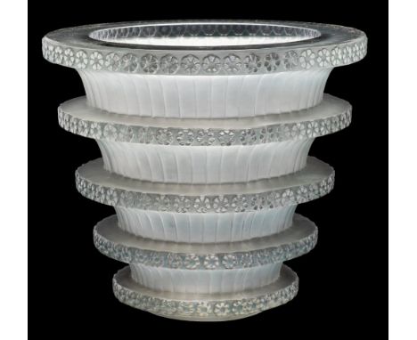 A Rene Lalique vase 'Chevreuse': the frosted and mildly patinated exterior with five narrow bands of flower heads on a vertic