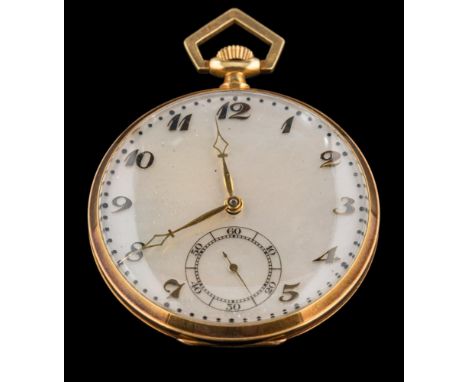 An 18ct gold cased, open-face pocket watch: the mother-of-pearl dial with Arabic numerals and subsidiary seconds dial at 6 'o