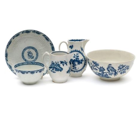 A group of 18th century English blue and white porcelain: comprising a First Period Worcester bowl printed in the 'Birds In B