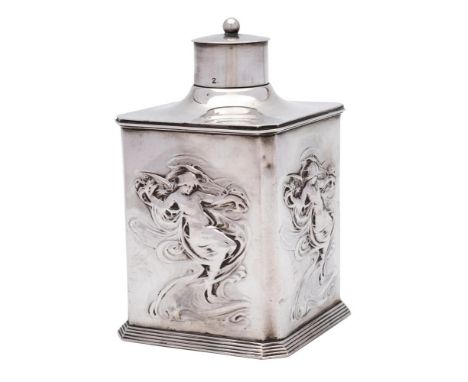 An Art Nouveau period silver tea caddy, maker Goldsmiths &amp; Silversmiths Co Ltd, London, 1902: of rectangular outline with