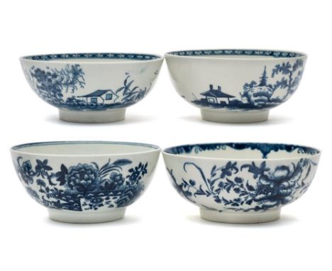 A group of four First Period Worcester blue and white bowls: painted or printed in the 'Fence', 'Mansfield', 'Cannonball' and
