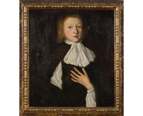 English School mid 17th Century-Portrait of a young gentleman, bust-length,:-wearing a brown jacketoil on canvas, 57 x 49cm.