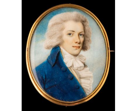 Circle of Andrew Plimer [1763-1837]-A miniature portrait of a gentleman,:- head and shoulders, with wavy powdered hair and bl