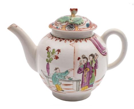 A mixed group of Lowestoft porcelain: comprising a globular teapot painted to each side with three Chinese figures around a t