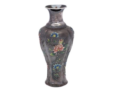 A Chinese silver and enamel baluster vase: of quatre-lobed baluster form and waisted neck, each panel enamelled with scrollin