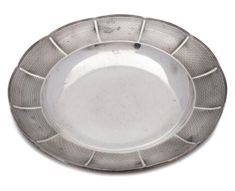 A Victorian silver dish, maker Robert Garrard II, London, 1855: of circular outline with engine turned border, 28.5cm. diamet