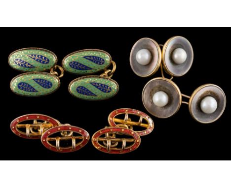 Three pairs of cuff-links: to include a pair of 18ct gold, mother-of-pearl and cultured pearl cuff-links, a pair of blue and 