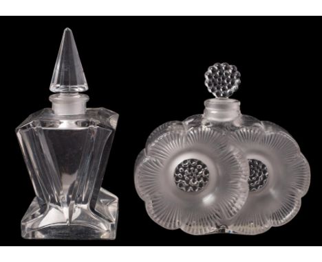 A Lalique scent bottle and one other: the former 'Duex Fleurs' moulded in frosted and clear glass, acid etched R. Lalique Fra