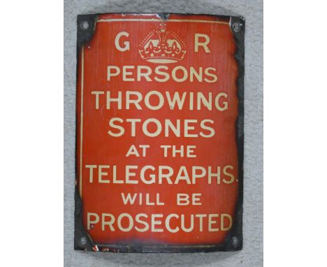 A vintage enamel and metal warning notice by order of King George. 20x16cm 