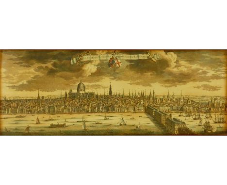 A large Framed and glazed reproduction antique print of London. Titled 'La Ville de Londres, Prospectus Londineus. 104x49cm 