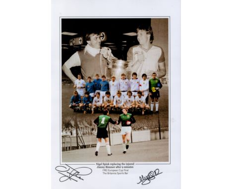 Nigel Spink and Jimmy Rimmer signed 16x12 colour print. Good condition. All autographed items come with a Certificate of Auth