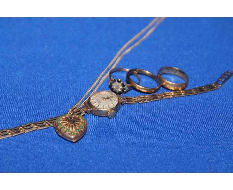LADIES ROTARY GOLD WRISTWATCHlocket on chain, two wedding rings and a cluster ring (5)