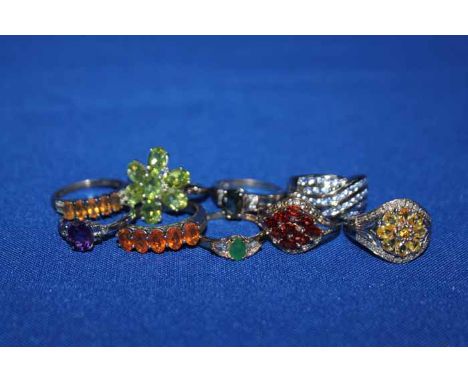 LOT OF TWENTY STERLING SILVER MIXED GEM RINGSall 925 hallmarked including one gold plated, gems including green opal, amethys