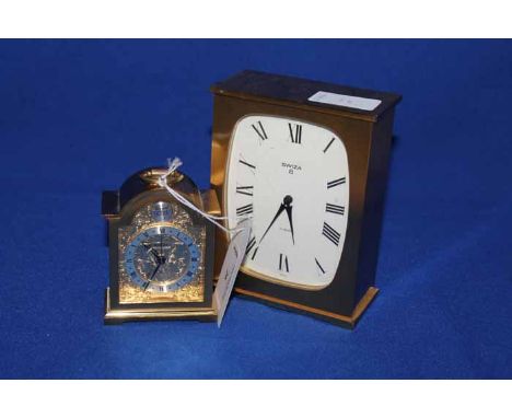 SWIZA 8 DAY MANTEL CLOCKwith Roman numeral dial; together with a small Swiza brass carriage-style timepiece with scrolling de