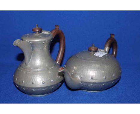 PEWTER TEA SERVICE AND SILVER PLATE ITEMSalong with a spirit kettle and an oak leaf shaped serving dish