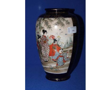EARLY 20TH CENTURY JAPANESE SATSUMA VASEwith blue and gilt decoration around two figural scenes, with drill hole to base from