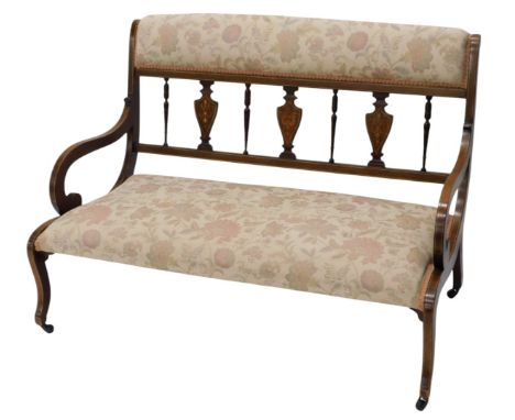A late 19thC rosewood and marquetry small sofa, with a padded back and seat, shaped arms, on cabriole legs, with castors, 106
