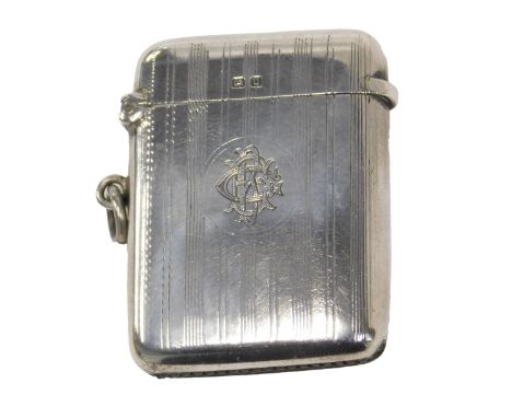 A George V silver match case, with engine engraved stripe decoration and cartouche bearing the initials CEB, Birmingham 1919,