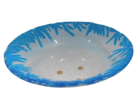 An Art Glass bowl, with blue stylised leaf border, 27cm diameter.