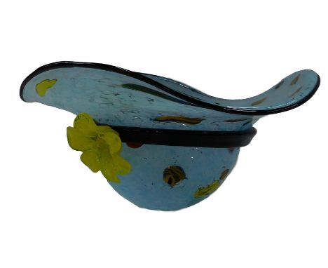 A Lavorazione art glass bowl, modelled in the form of a ladies bonnet or hat, with wave decoration and applied with a yellow 