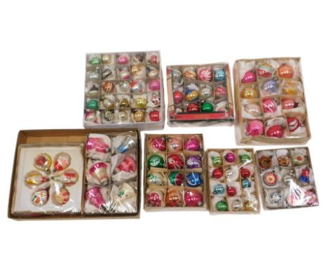 A quantity of vintage coloured mercury glass Christmas decorations, various designs and colours.