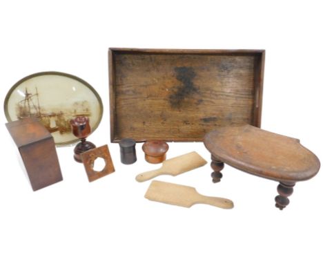 Miscellaneous wooden items, to include tea caddy, stool with shaped seat, tray, treen cup, etc.