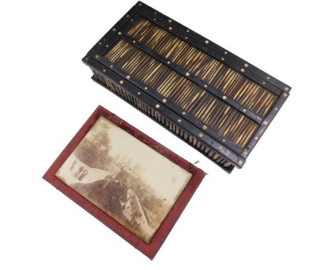 An Indian ebony porcupine quill and bone box, and a Victorian velvet lined souvenir box, applied with a glass fronted print o