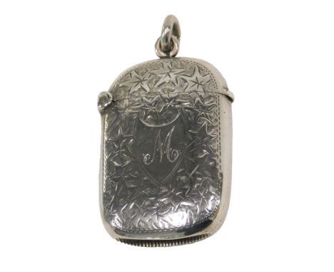 An Edward VII silver match case, of oval design, with engine engraved leaf decoration, and shield bearing the initial M, Birm