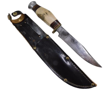 A hunting knife, the blade stamped Wright &amp; Son Sheffield, simulated antler handle, leather scabbard, the knife 22cm long