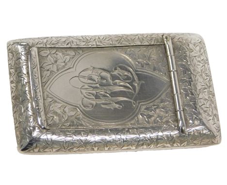 A Victorian snuff box, with engine engraved leaf decoration bearing the initials EH, Chester 1891, 0.95oz.