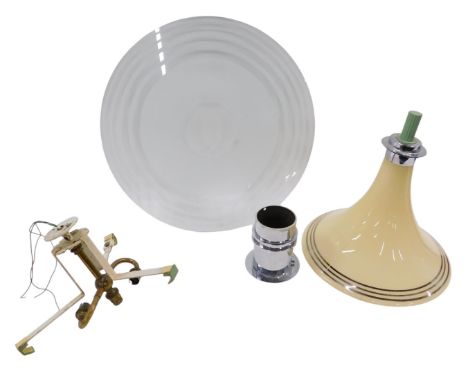 An Art Deco style hanging ceiling light, with cream and silver striped shade, and a later disc, the shade 43cm high, the glas