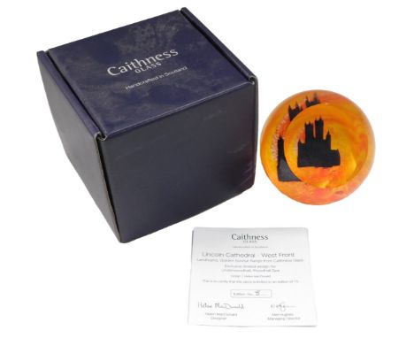 A Caithness glass Lincoln Cathedral/West Front limited edition paperweight, number 8/75, with box and certificate.