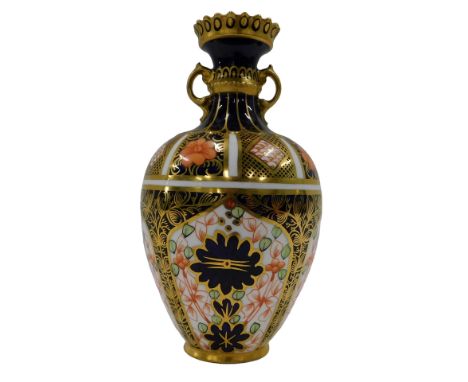 A Royal Crown Derby Imari pattern ovoid vase, with crenelated flared neck and two ring handles, 15.5cm high.