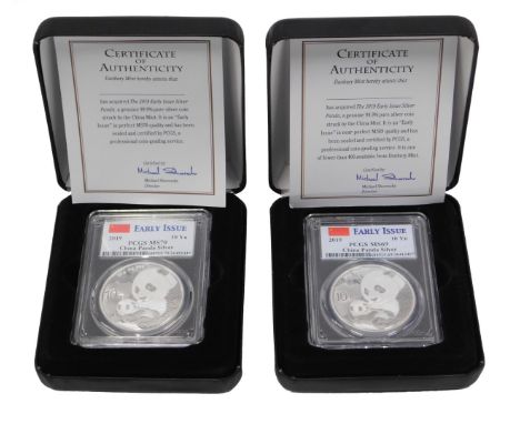 Two Chinese 2019 silver panda coins, with certificates and boxes.