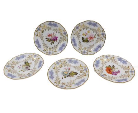 A 19thC H&amp;R Daniel set of five dessert plates, painted with central mix of floral sprays, within fruiting vine and gilt, 
