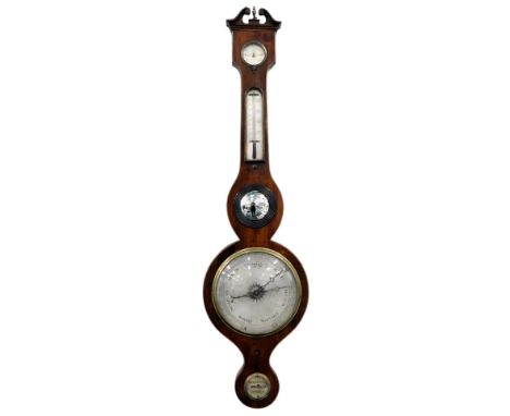 A 19thC mahogany and boxwood and ebony strung banjo shaped barometer, with silvered dial, thermometer, level, etc., 97cm high