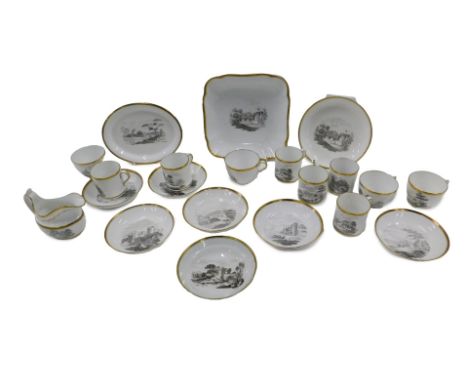 A 19thC Spode part tea and coffee service, etc., decorated with topographical scenes, bat-printed, en grisaille, comprising f
