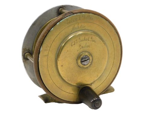 A vintage brass and alloy centre pin fishing reel, by Eaton &amp; Deller of London, 7.5cm diameter.