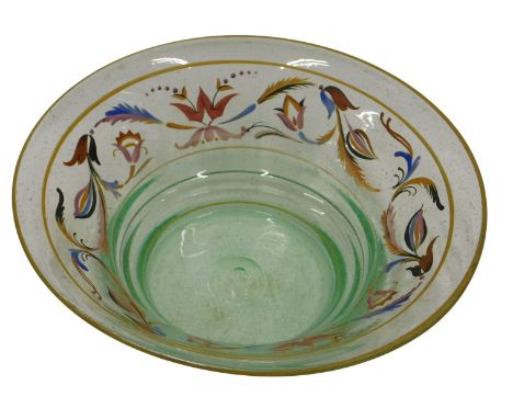A Continental green Art Glass bowl, decorated in coloured enamel, with a band of flowers and leaves, 24cm diameter.
