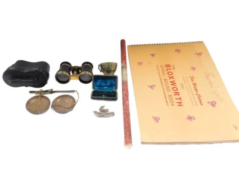 Miscellaneous items, to include a cap badge, a glass thermometer in travelling case, opera glasses in leather case, scales, s