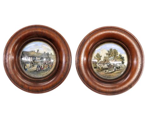 A 19thC Prattware pot lid, Shakespeare's House Stratford upon Avon, and The Residence of Anne Hathaway, in moulded frames, 18